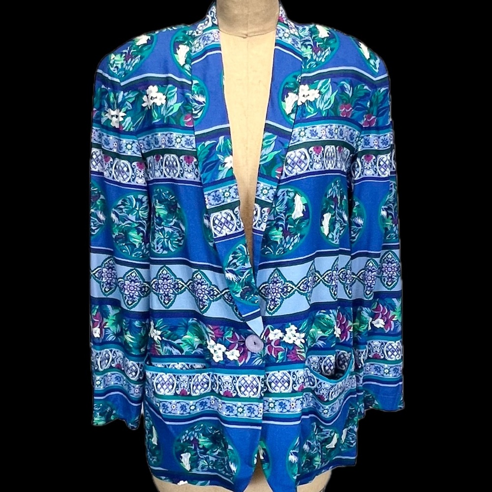 VINTAGE 80s tropical island floral waterfall lightweight blazer jacket women’s